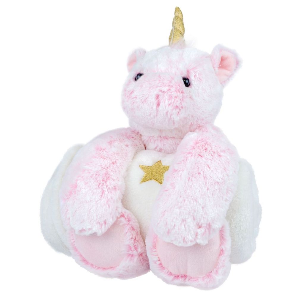 Peluche licorne rose avec couverture de chez Dani Créations